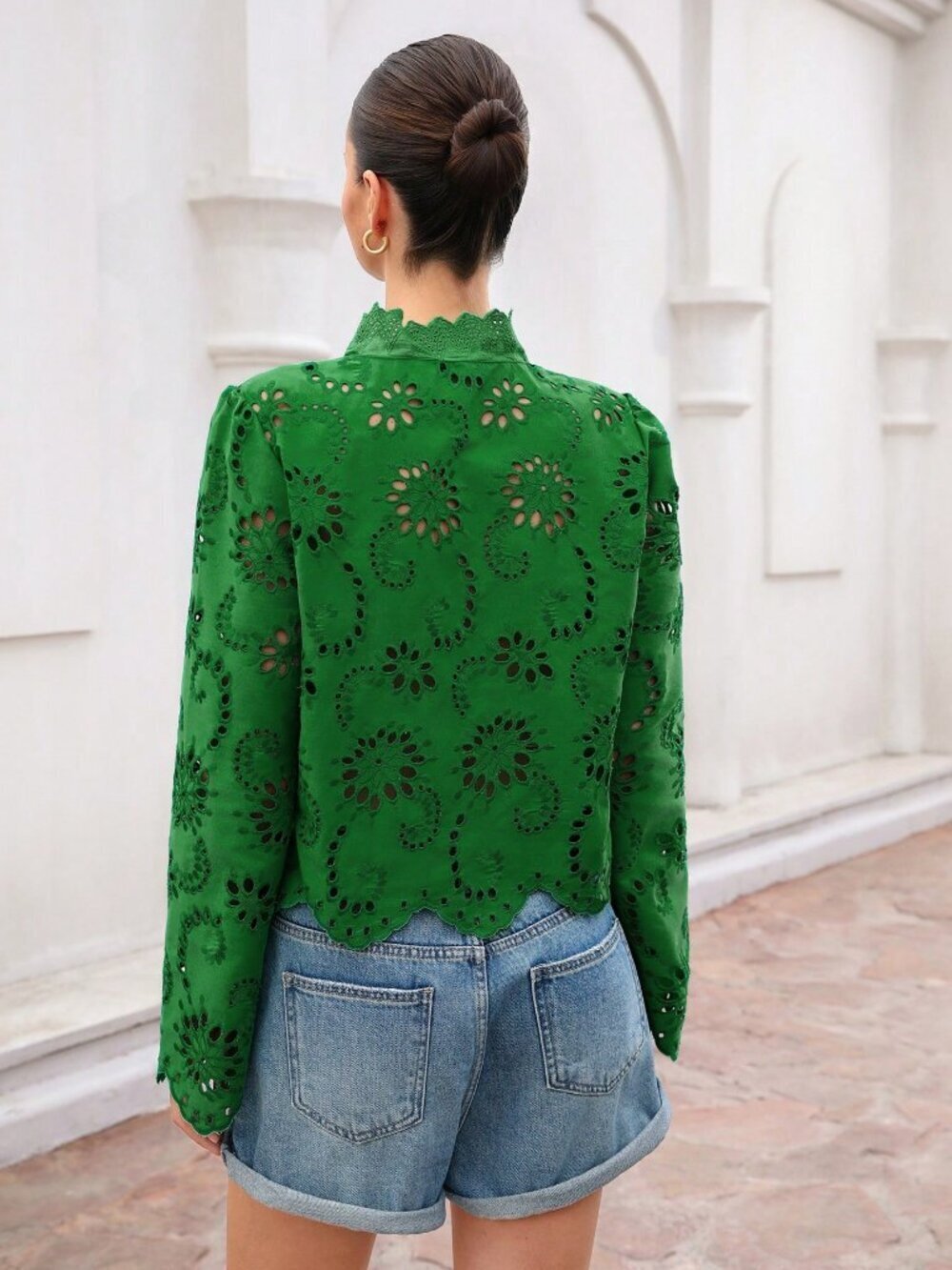 Green Boho Women's Loose Long Sleeve Blouse - Picture 2 of 6